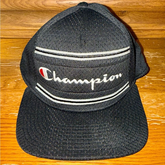 Champion Black and White Logo Cap Fitted Rare! Breathable mesh!